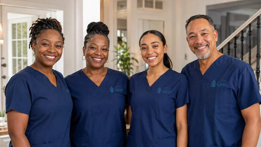 Four Anchor Haven caregivers in navy uniforms standing together in a home entryway.