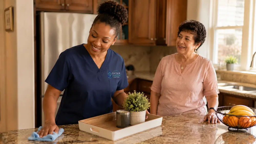 A caregiver wiping down a kitchen counter while an older woman stands nearby, chatting.