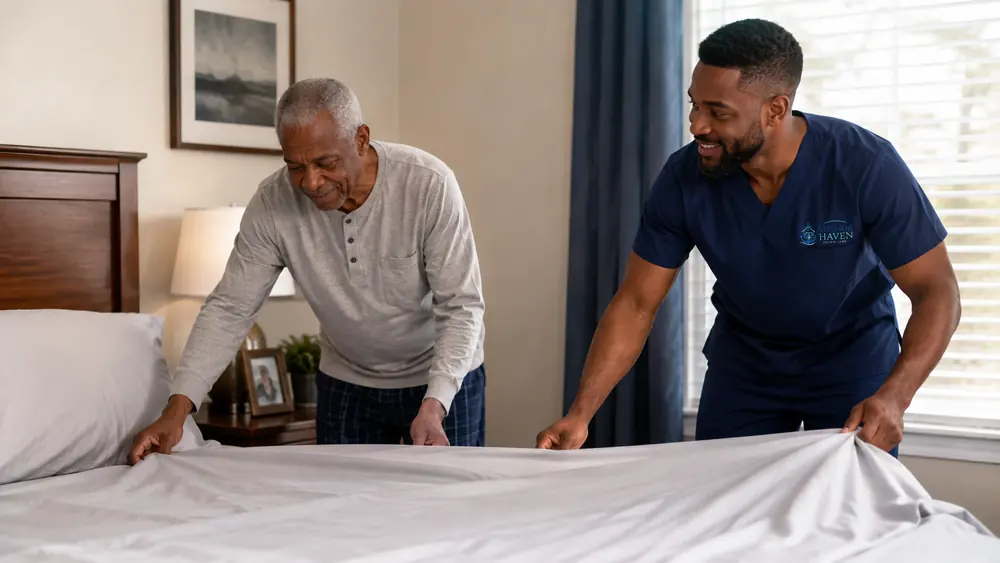 A caregiver and an older man changing the sheets on a bed together.