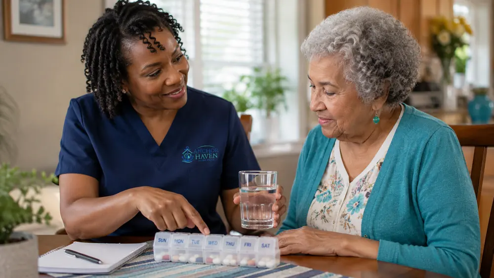 A caregiver pointing to the day marked on a weekly pill organizer while the client, holding her own glass of water, looks on.